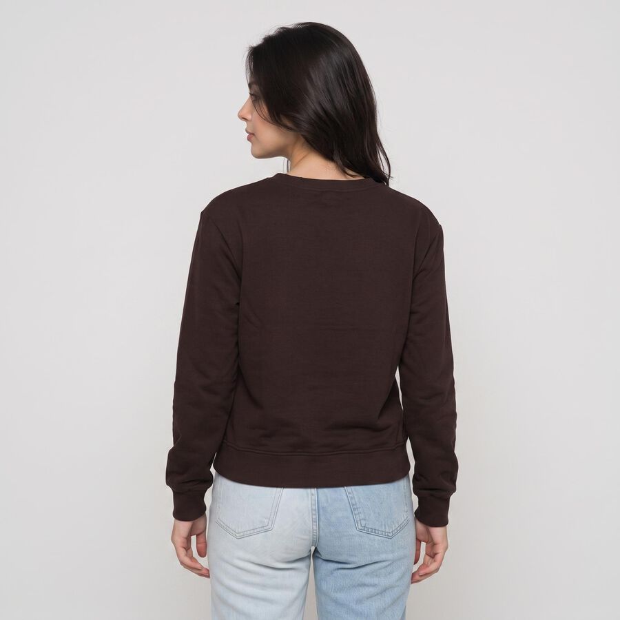 Women Brown Crew Neck Pullover Sweatshirt, Brown, large