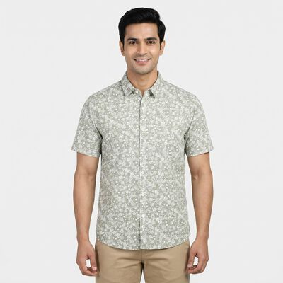 Men's Green Cotton Floral Spread Collar Regular Fit Shirt