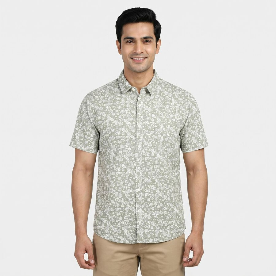 Men's Green Cotton Floral Spread Collar Regular Fit Shirt, हल्का हरा, large