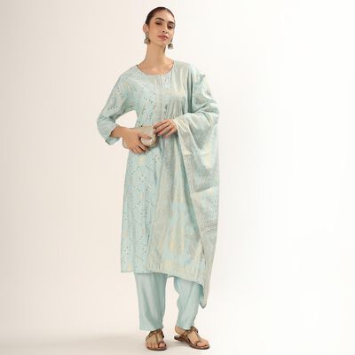 Women's Light Aqua Blue Printed Ethnic Set