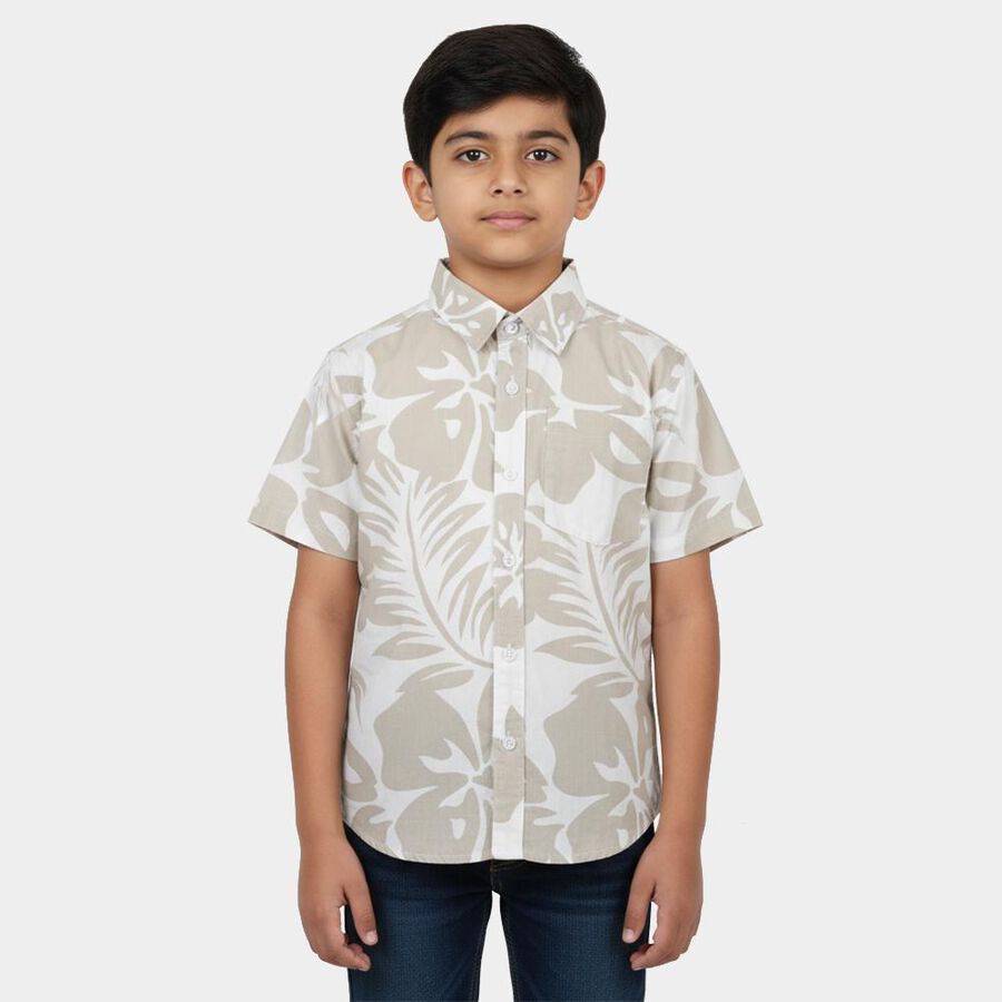 Boys' Beige Cotton Classic Collar Casual Shirt, Beige, large