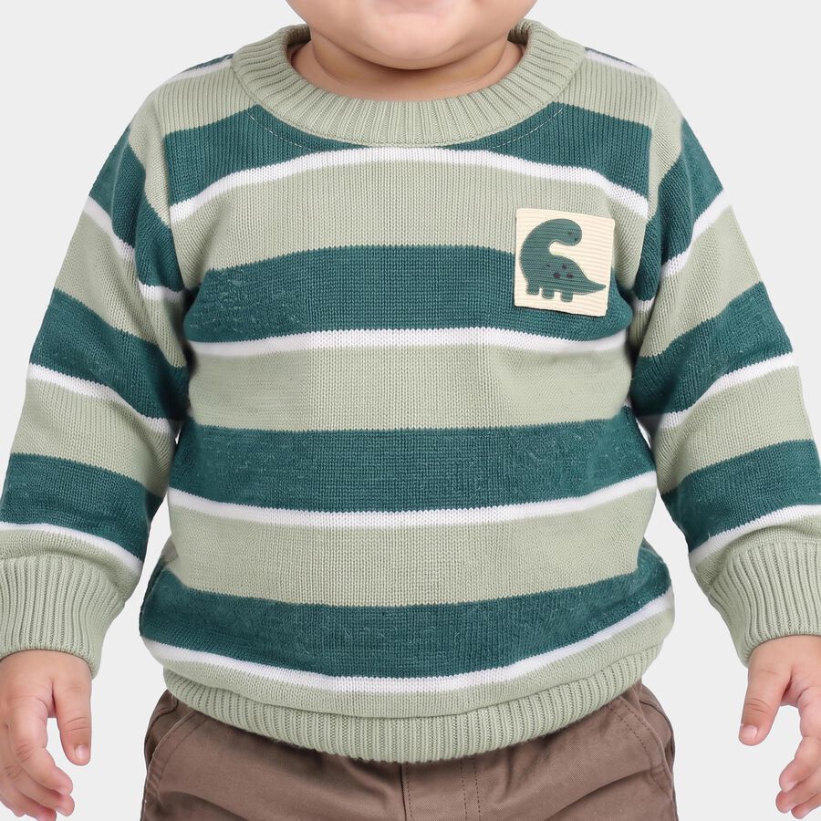 Infants' Olive Green Crew Neck Striped Pullover, ओलिव, large