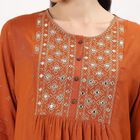 Women's Rust Orange Round Neck Embroidered Kurti, रस्ट, small