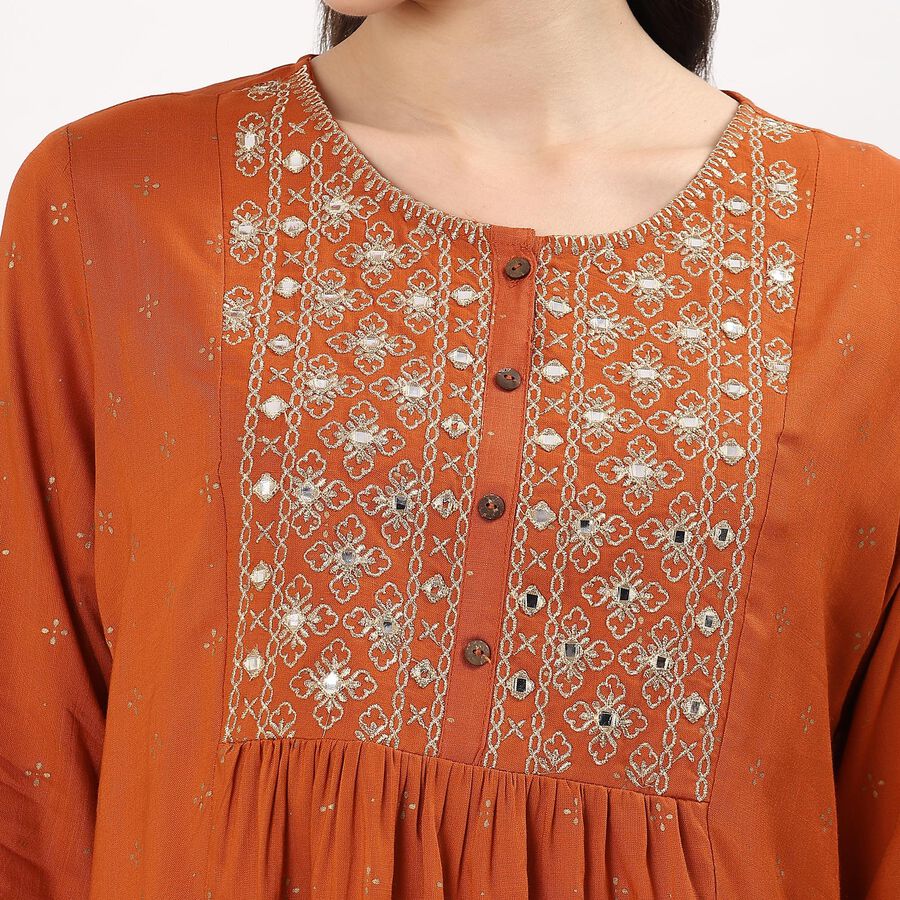 Women's Rust Orange Round Neck Embroidered Kurti, रस्ट, large