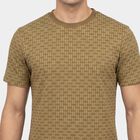 Men's Beige Cotton Round Neck Regular Geometric T-Shirt, गहरा पीला, small