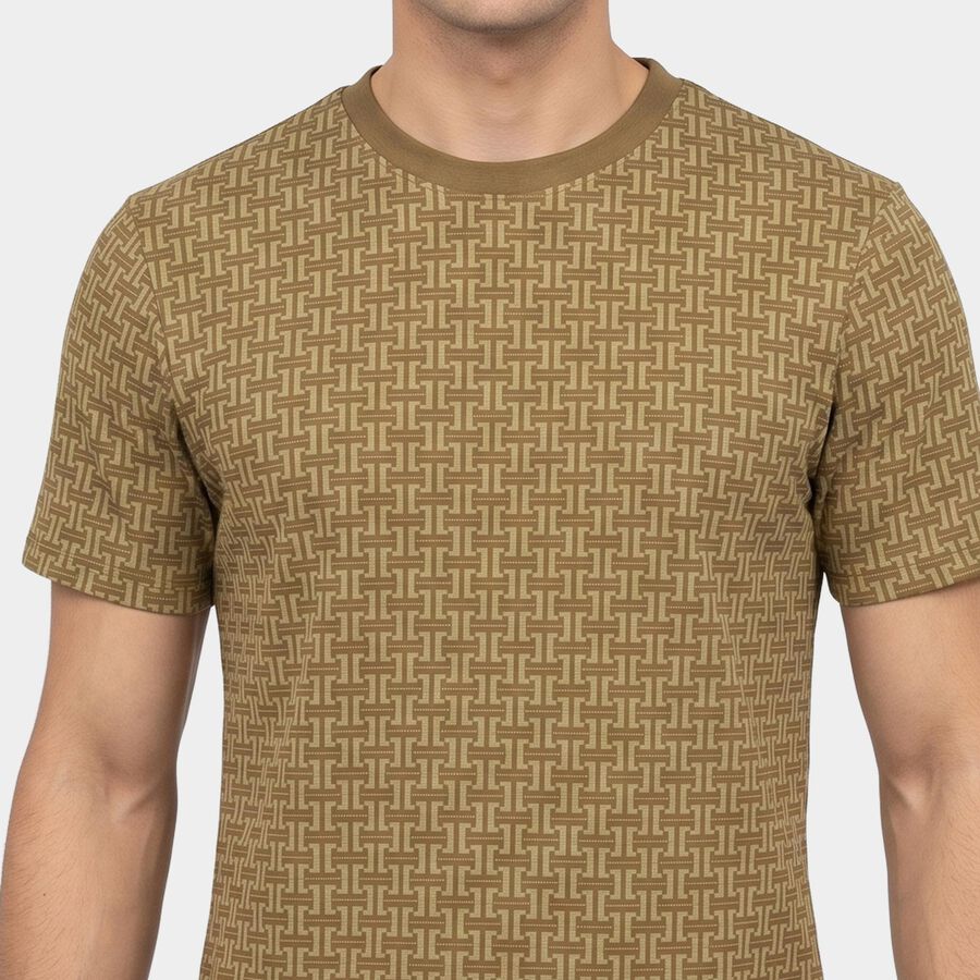 Men's Beige Cotton Round Neck Regular Geometric T-Shirt, गहरा पीला, large