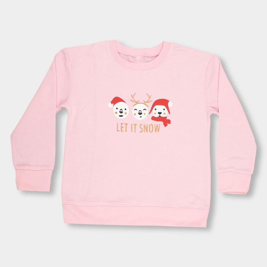 Girls Light Pink Crew Neck Printed Sweatshirt, हल्का गुलाबी, large image number null