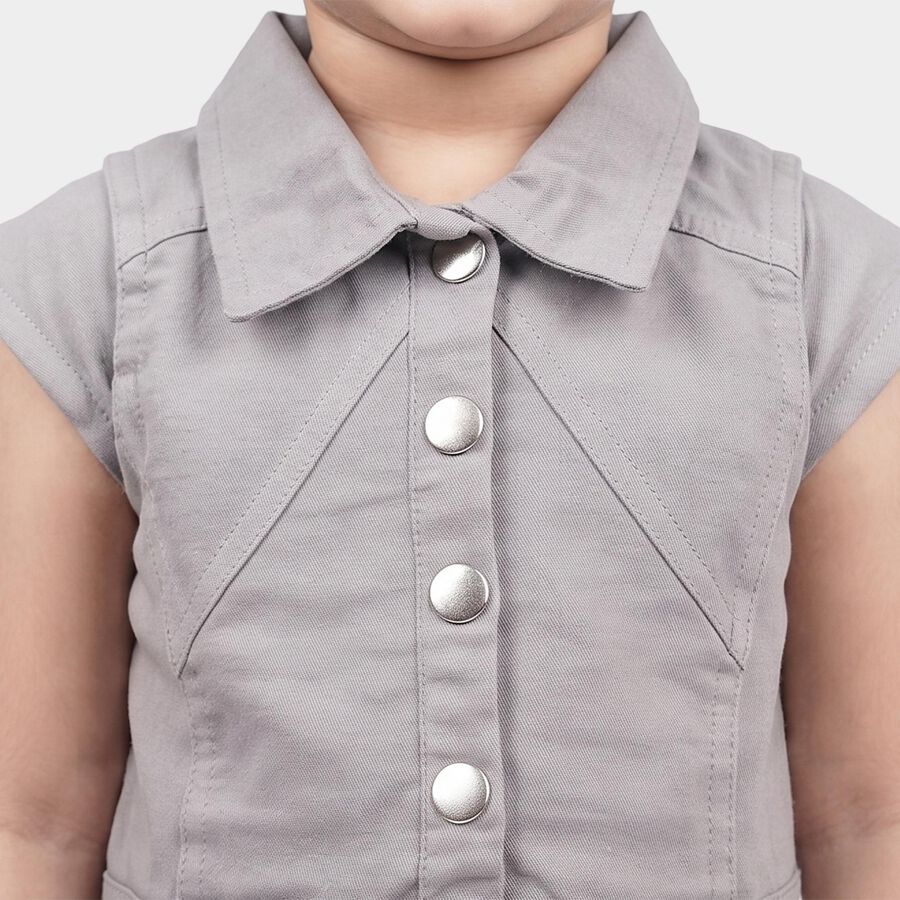 Girls' Grey Shirt Style Belted Frock, हल्का ग्रे, large