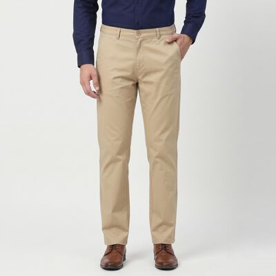 Men's Beige Flat-Front Trousers