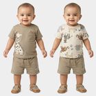 Infants' Beige 100% Cotton Round Neck Printed Baba Suit, Beige, small