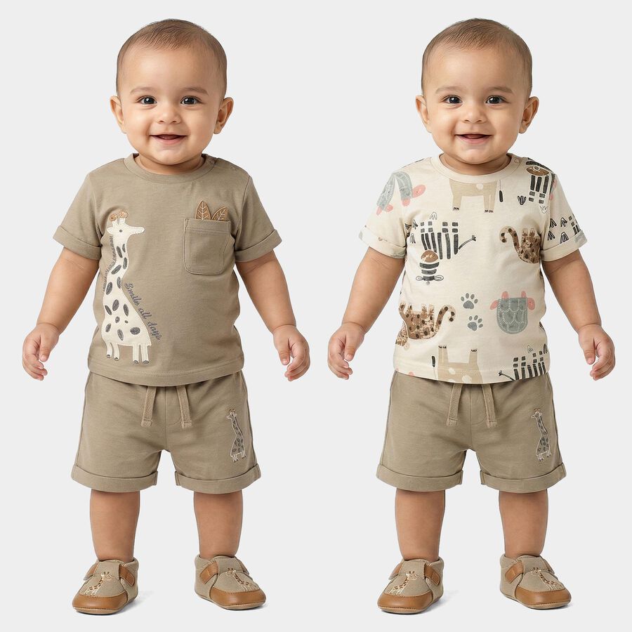 Infants' Beige 100% Cotton Round Neck Printed Baba Suit, Beige, large