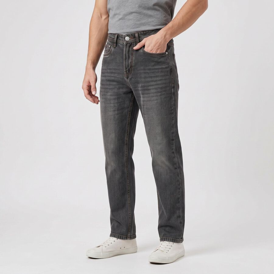 Men's Dark Grey Straight Fit Washed Jeans, Dark Grey, large