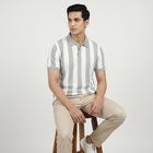 Men's Grey Polo Neck Striped T-Shirt, Light Grey, small