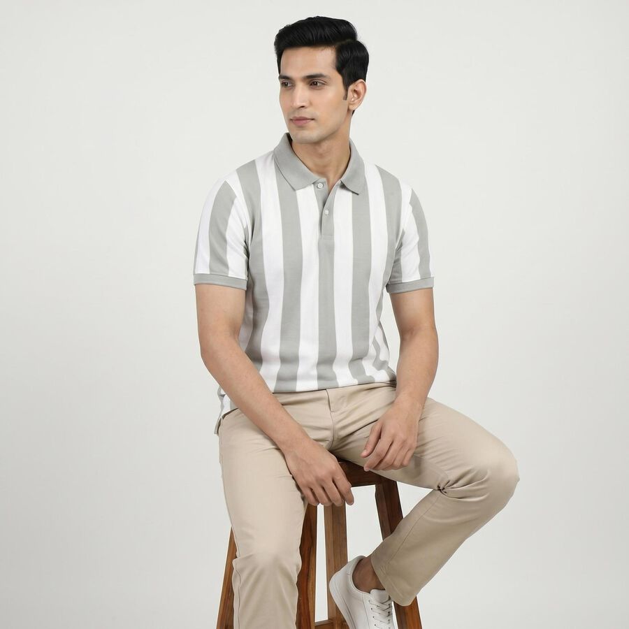 Men's Grey Polo Neck Striped T-Shirt, Light Grey, large
