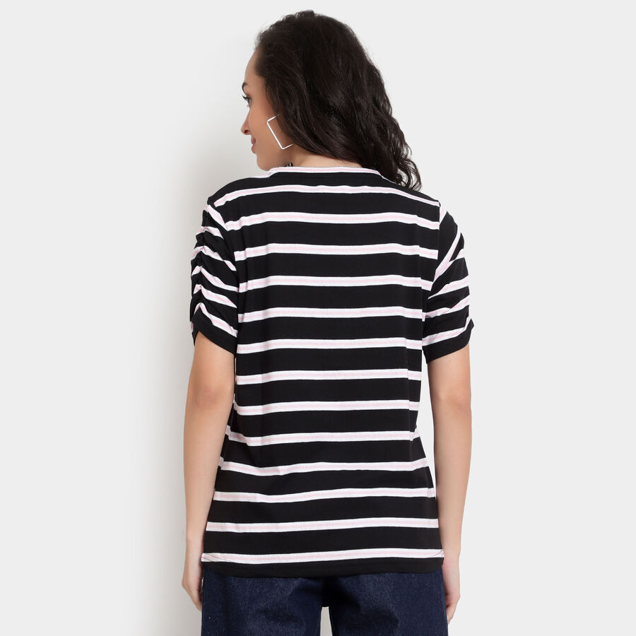Cotton Stripes Round Neck T-Shirt, काला, large image number null