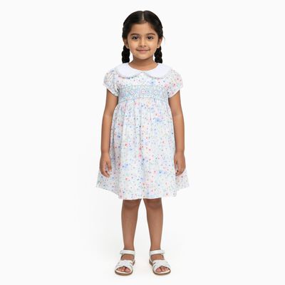 Girls' White Floral Smocked Cotton Frock