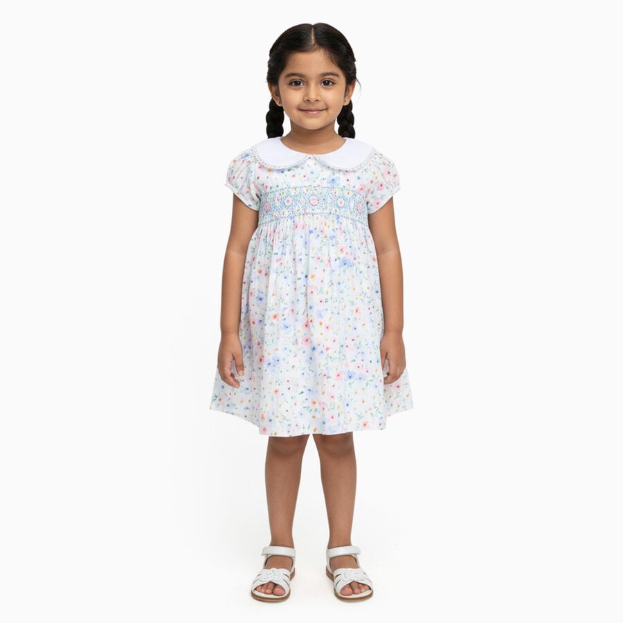Girls' White Floral Smocked Cotton Frock, Off White, large image number null