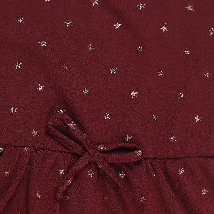 Girls' Deep Burgundy Metallic Star Printed A-Line Frock, वाइन, large image number null
