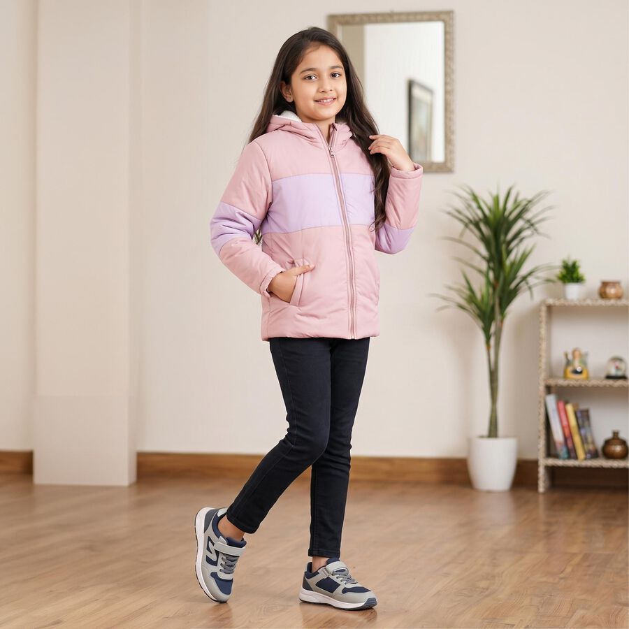 Girls' Pink Hooded Puffer Jacket, Light Pink, large