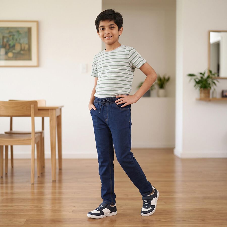 Boys Navy Blue Slim Fit Drawstring Jeans, गहरा नीला, large