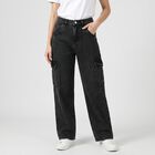 Women's Black Cargo Fit Washed Jeans, काला, small