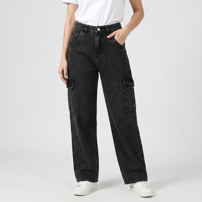 Women's Black Cargo Fit Washed Jeans