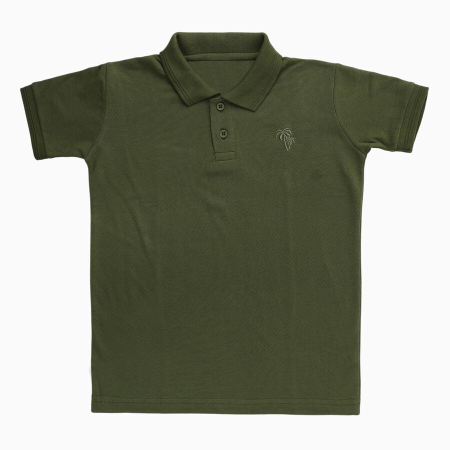Boys Muted Olive Green Round Neck Casual Half Sleeve T-Shirt, Olive, large