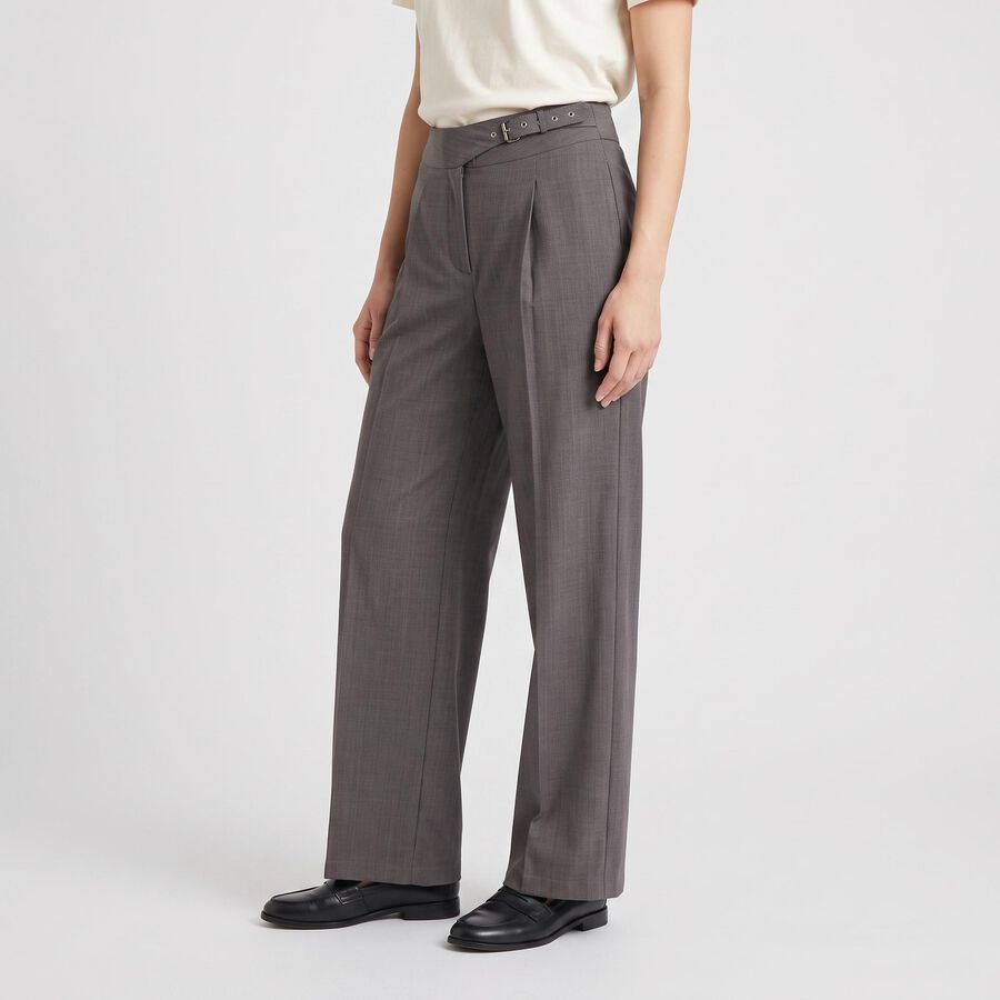 Women's Grey Wide Leg Belted Trousers, गहरा ग्रे, large