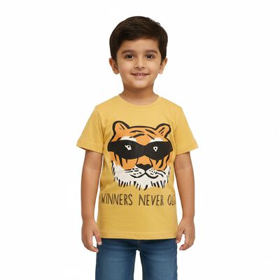 Boys Mustard Yellow Cotton Round Neck Casual T-Shirt