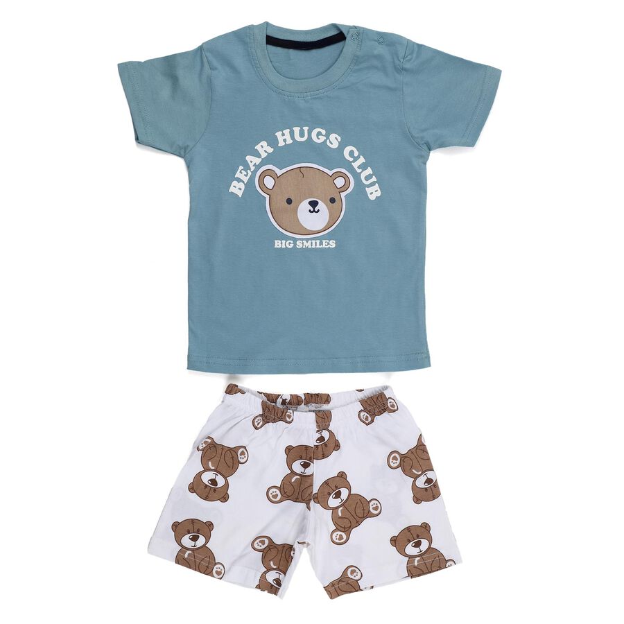 Infants' Blue Cotton Round Neck Graphic Baba Suit, टील ब्लू, large image number null