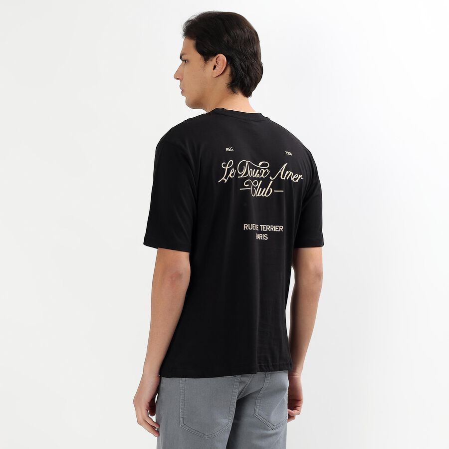 Men's Jet Black Cotton Round Neck Casual T-Shirt, काला, large