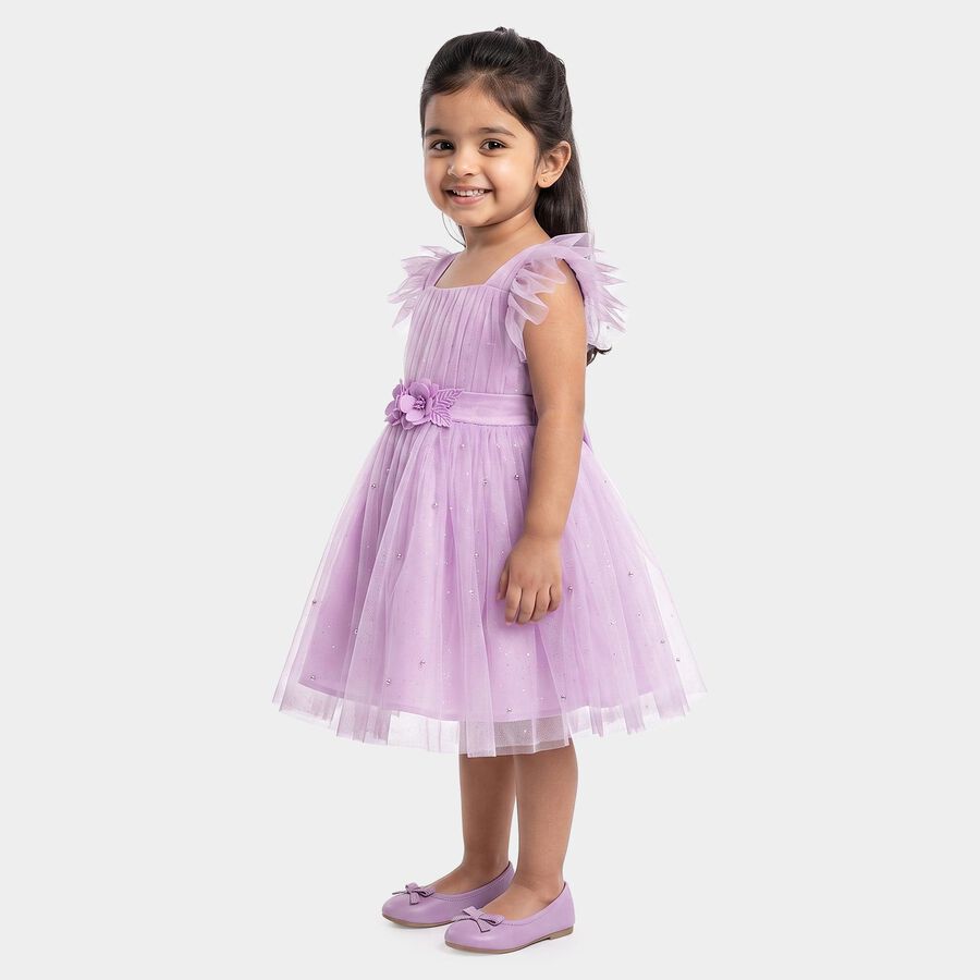 Girls' Lilac Fit and Flare Embellished Tulle Party Wear Frock, Lilac, large
