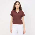 Women's Dark Chocolate Brown High Neck Minimalist Shirt, Brown, small
