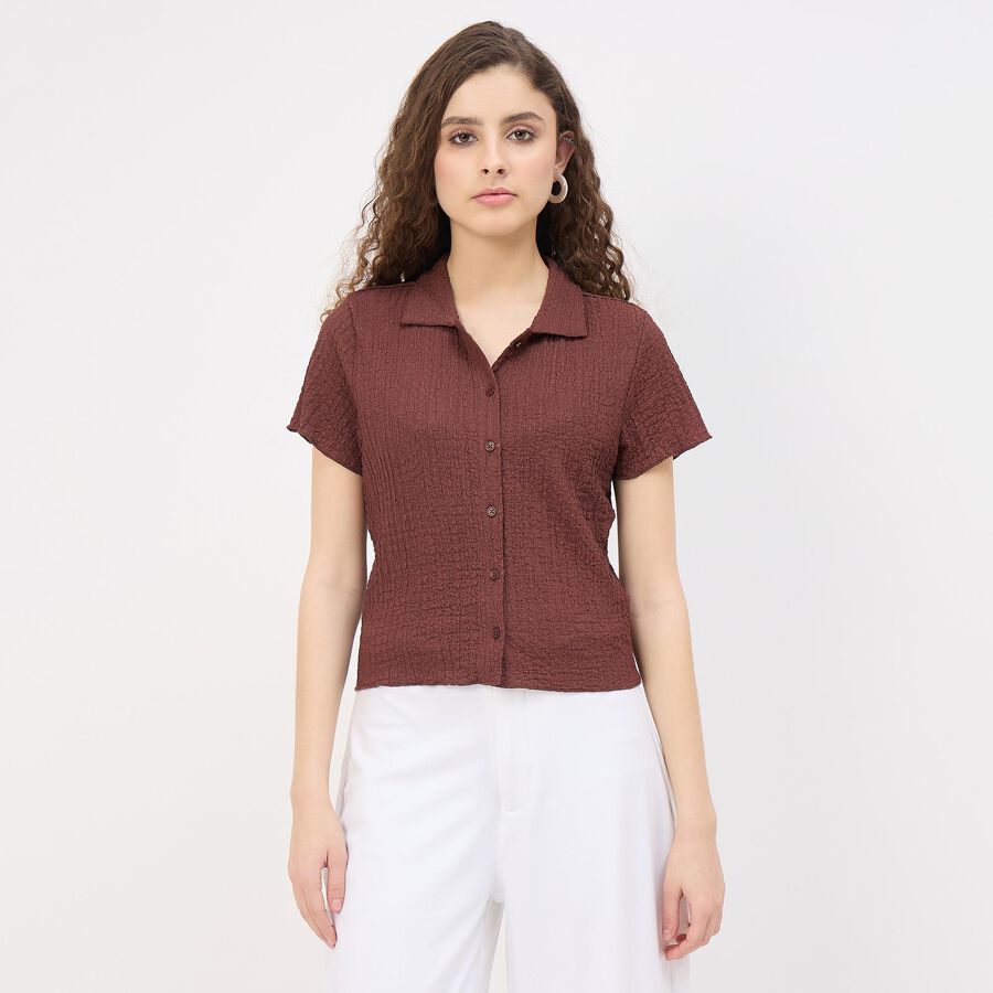 Women's Dark Chocolate Brown High Neck Minimalist Shirt, Brown, large