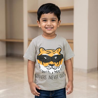Boys Grey Cotton Round Neck Regular Boys T-Shirt