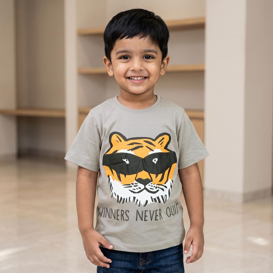 Boys Grey Cotton Round Neck Regular Boys T-Shirt, Light Grey, large