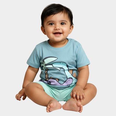 Infants' Sky Blue Cotton Round Neck Printed Baba Suit