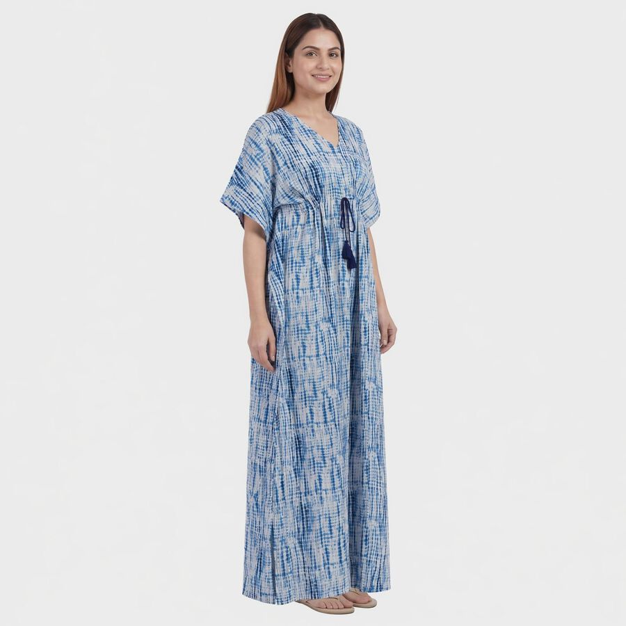 Women's Blue V-Neck Tie-Dye Kaftan Nighty, Light Blue, large