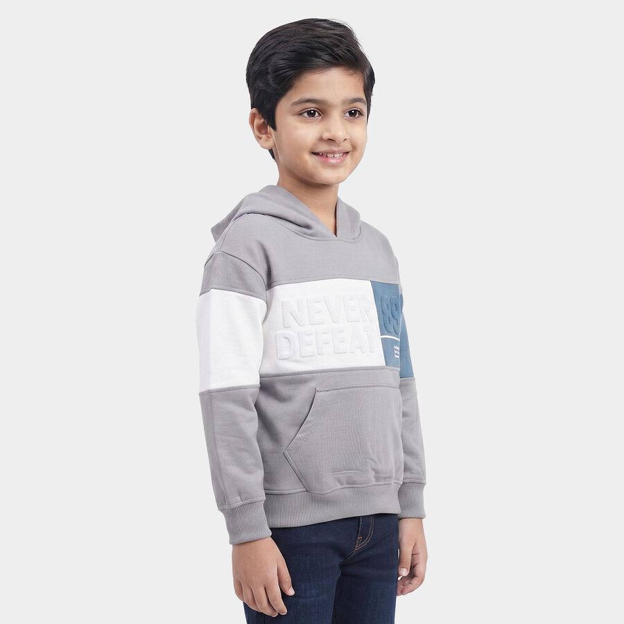 Boys Grey Hoodie Neck Graphic Sweatshirt, हल्का ग्रे, large