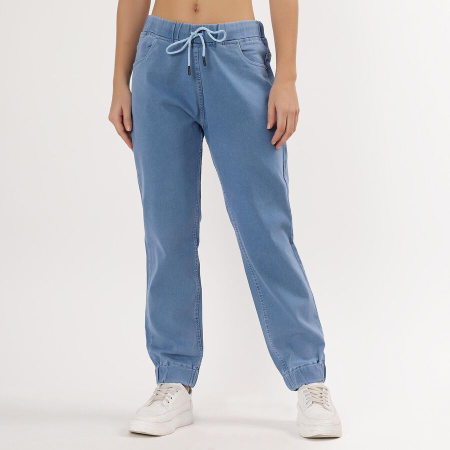 Women's Muted Denim Blue Jogger High-Rise Jeans, Mid Blue, large image number null