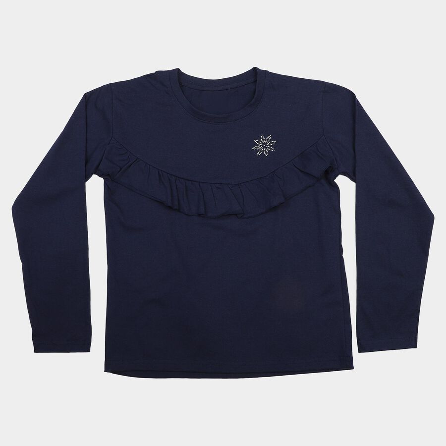 Girls' Navy Blue Round Neck Regular Top, नेवी ब्लू, large