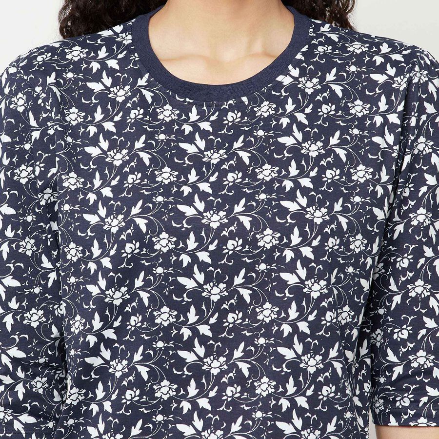 Cotton Printed Round Neck T-Shirt, Navy Blue, large image number null
