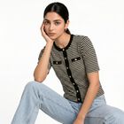 Women's Black Round Neck Striped Regular Top, काला, small