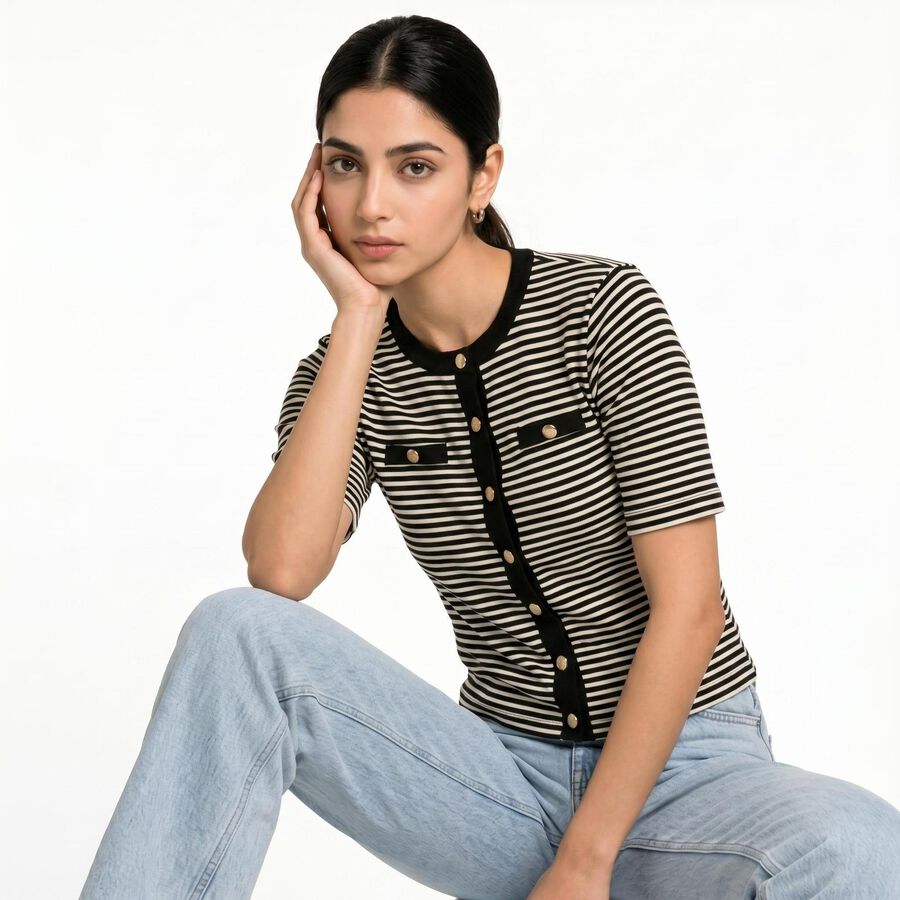 Women's Black Round Neck Striped Regular Top, काला, large