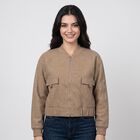 Women's Brown Ribbed Collar Bomber Jacket, भूरा, small