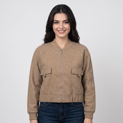 Women's Brown Ribbed Collar Bomber Jacket