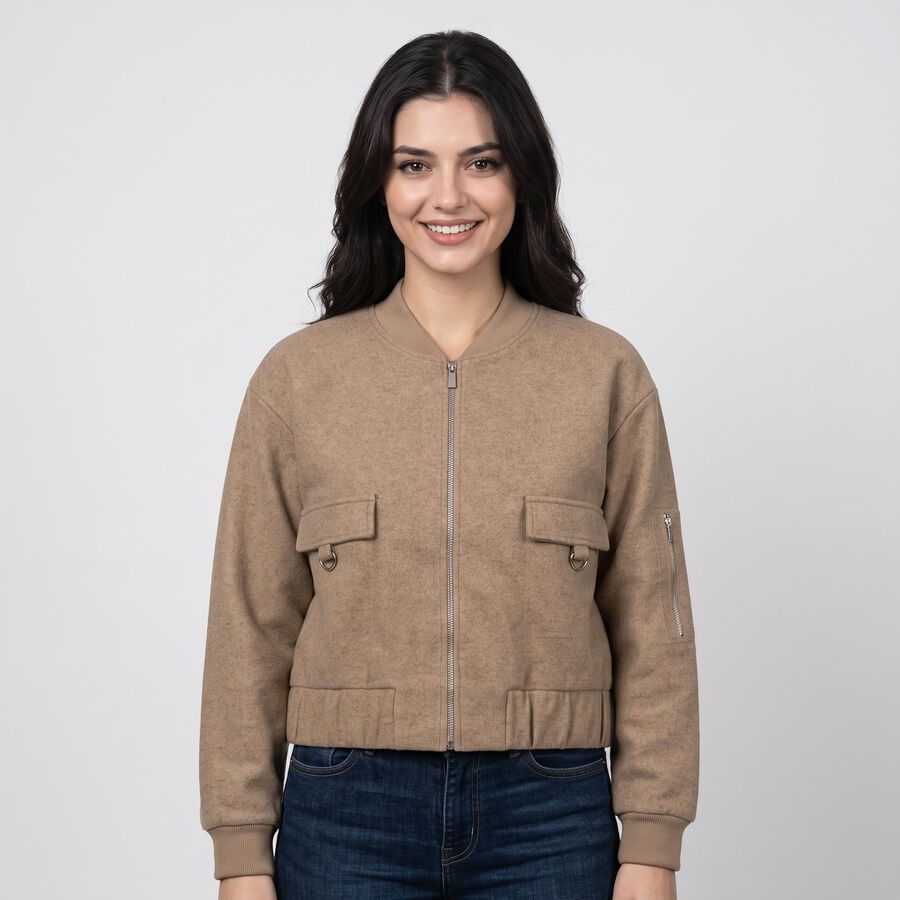 Women's Brown Ribbed Collar Bomber Jacket, भूरा, large