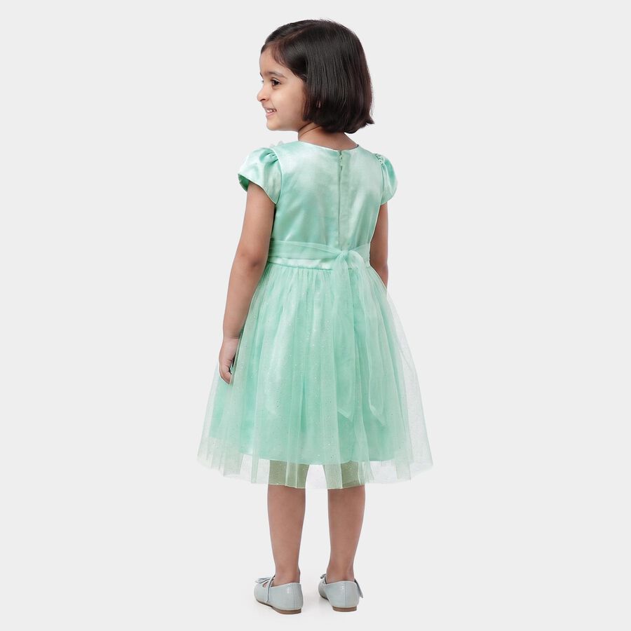 Girls' Mint Green Fit and Flare Floral Applique Party Wear Frock, Light Green, large