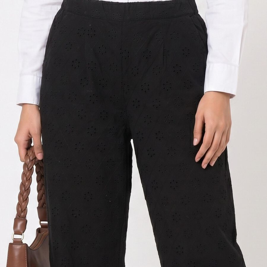 Women's Black Straight Fit Eyelet Trousers, Black, large