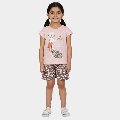 Girls Pink Cotton Round Neck Giraffe Print Night Suit